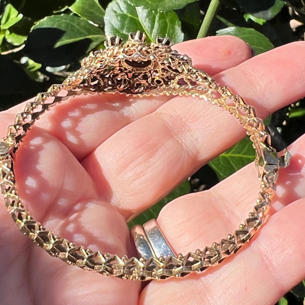 VINTAGE 14K YELLOW GOLD GARNET FILIGREE DESIGN BANGLE BRACELET CUSTOM UNIQUE - Picture 5 of 16